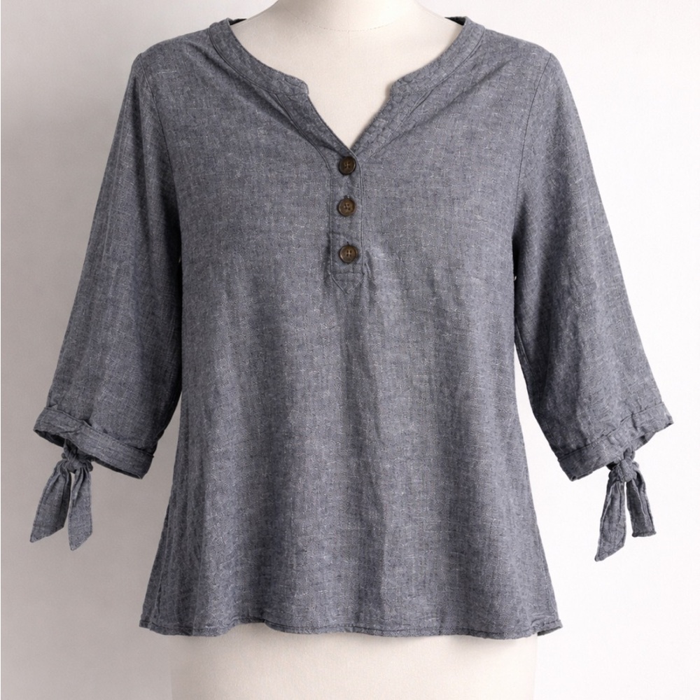 Christopher Banks Tunic Top Women's Henley Linen Rayon Blue Popover Tie Sleeve